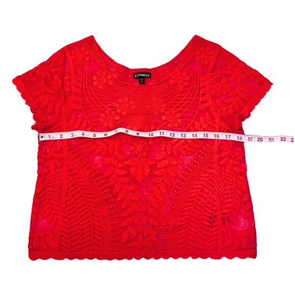 Express Embroidered Floral Sheer Lace Short Sleeve Top Red Size XS - Picture 8 of 9